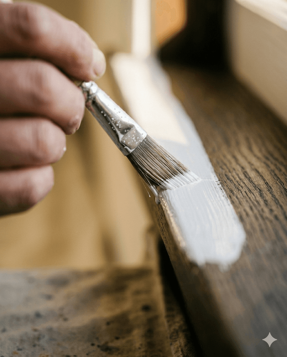 Maler-Hand streicht weiße Farbe auf einen Holzrahmen