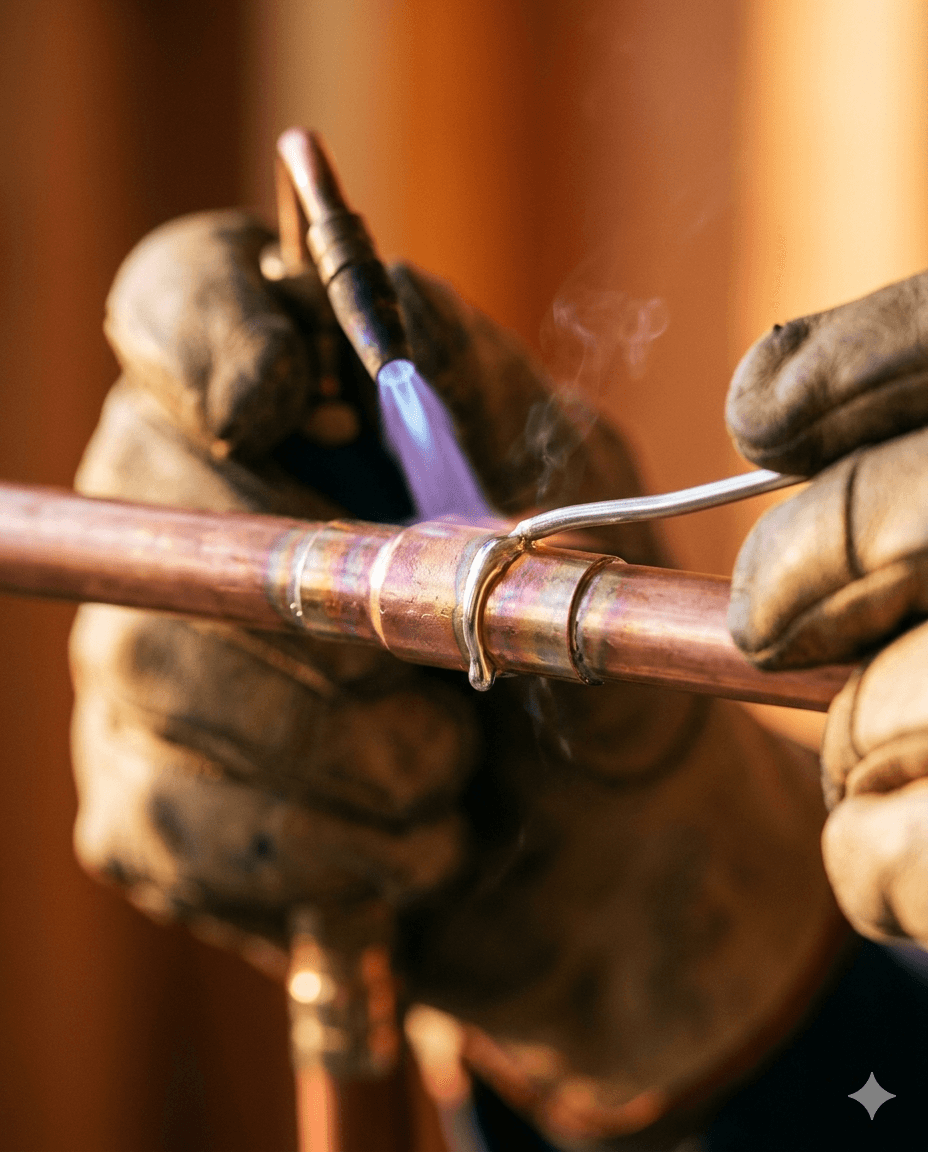 SHK-Installateur verlötet Kupferrohr mit Brenner