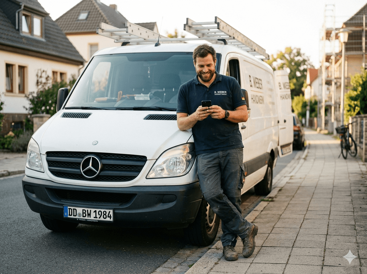 Handwerker-Meister steht vor seinem Transporter