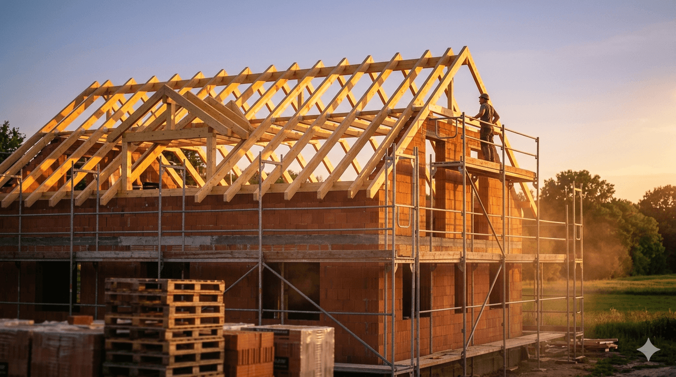 Rohbau mit Dachstuhl in der Abendsonne