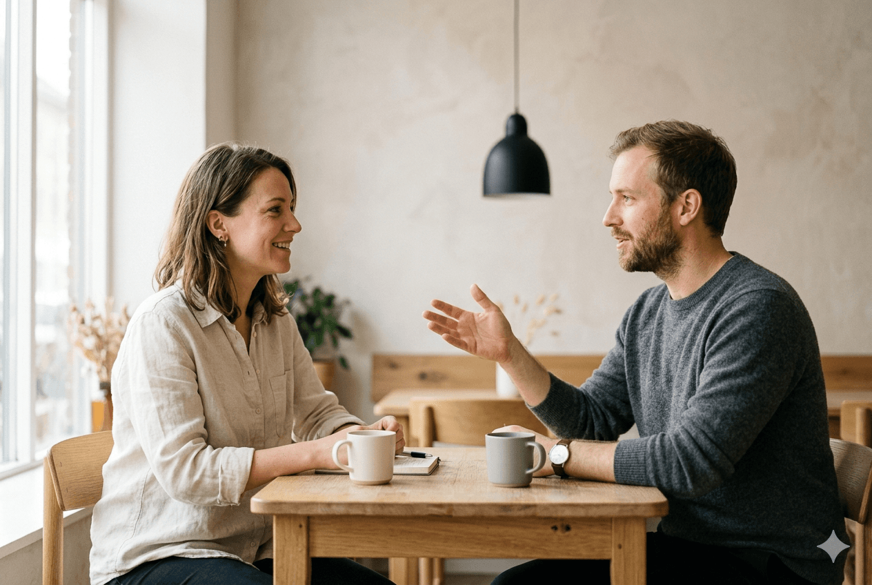 Zwei Menschen im Erstgespräch an einem Tisch