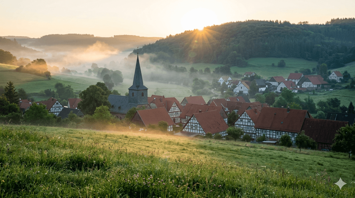 Fachwerkdorf in Deutschland im Morgennebel