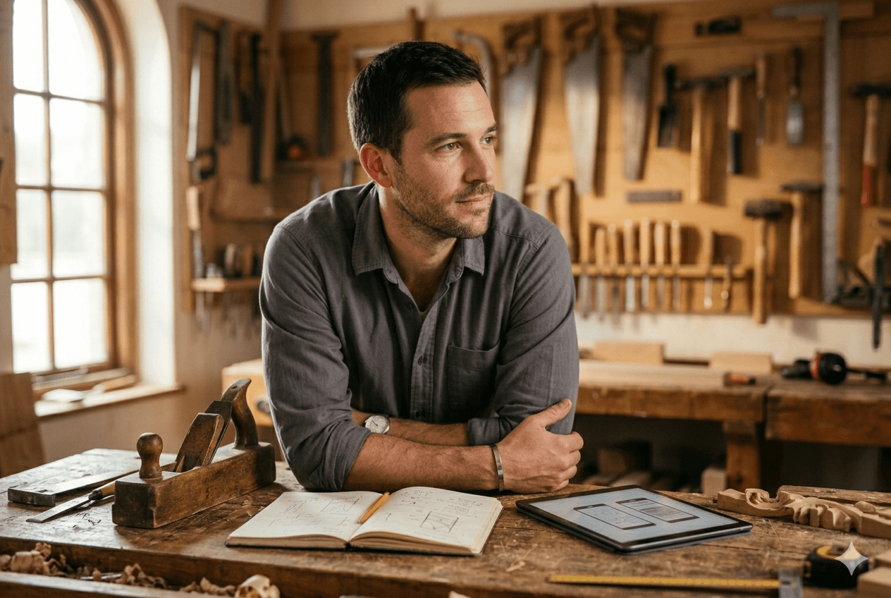 Geselle in der Tischlerei mit Skizzen am Werktisch