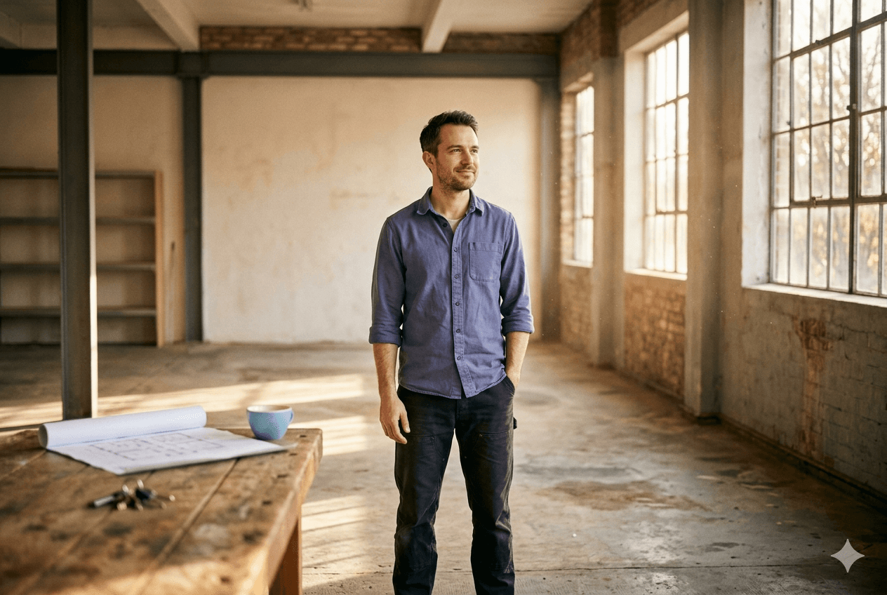 Meister steht in einer leeren Werkstatt kurz vor der Neugründung