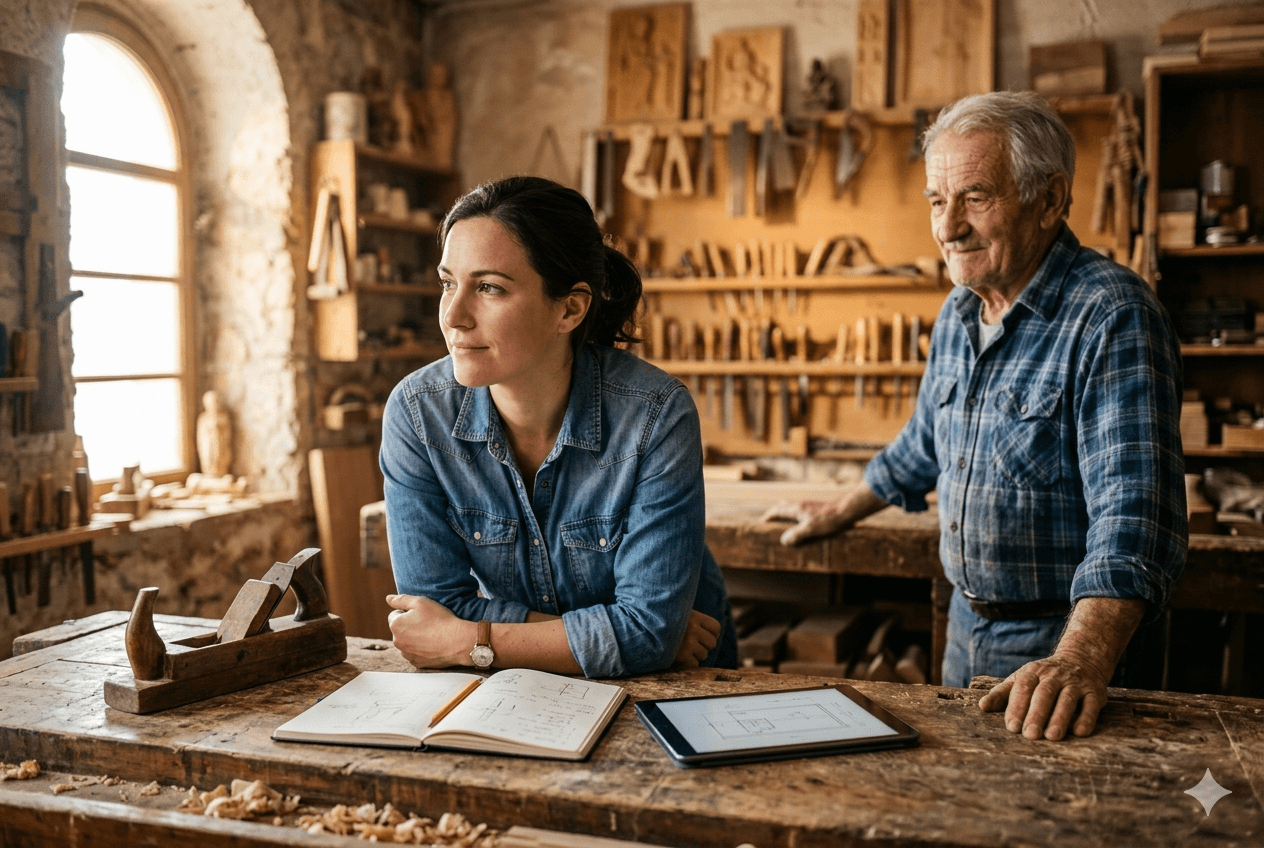 Betriebsübergabe: junge Nachfolgerin mit dem Seniorchef in der Werkstatt