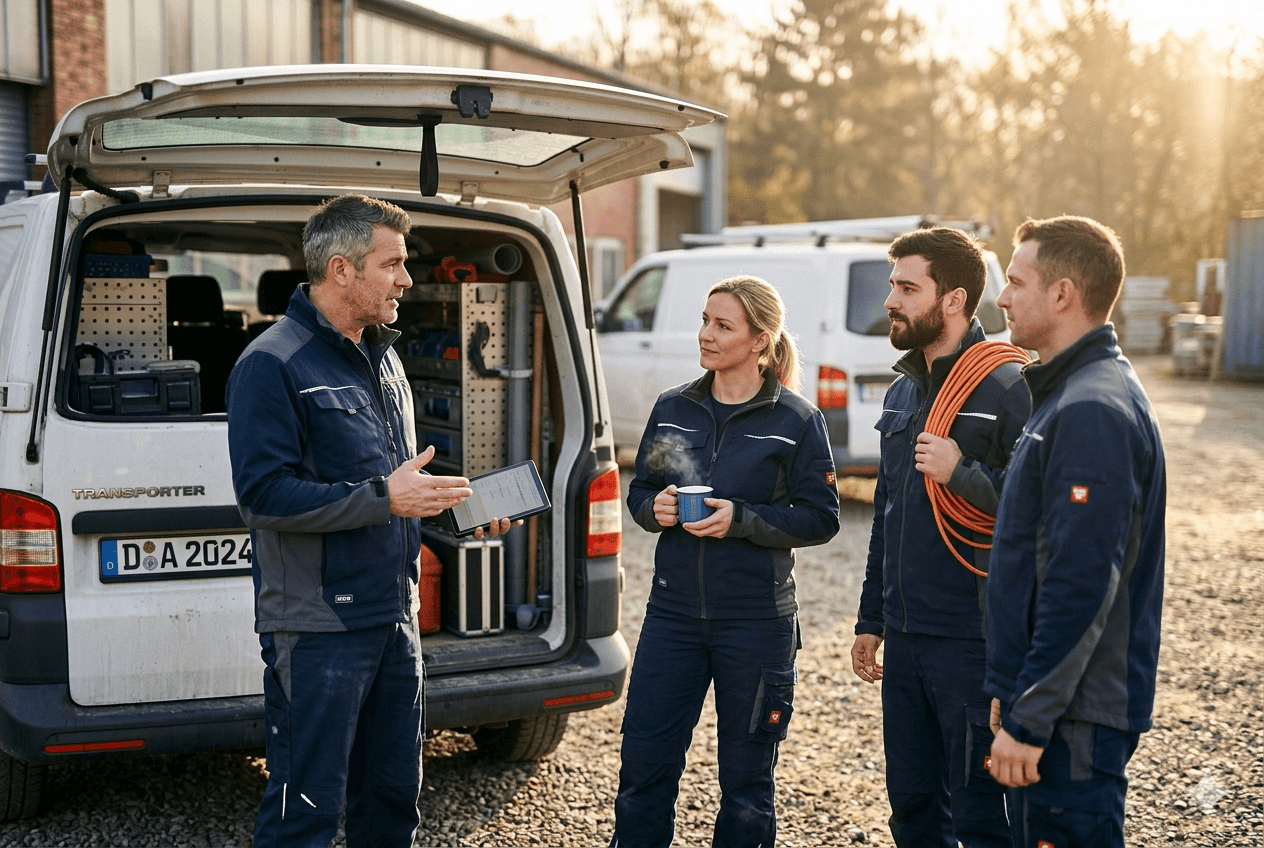 Handwerker-Team vor dem Transporter im Austausch