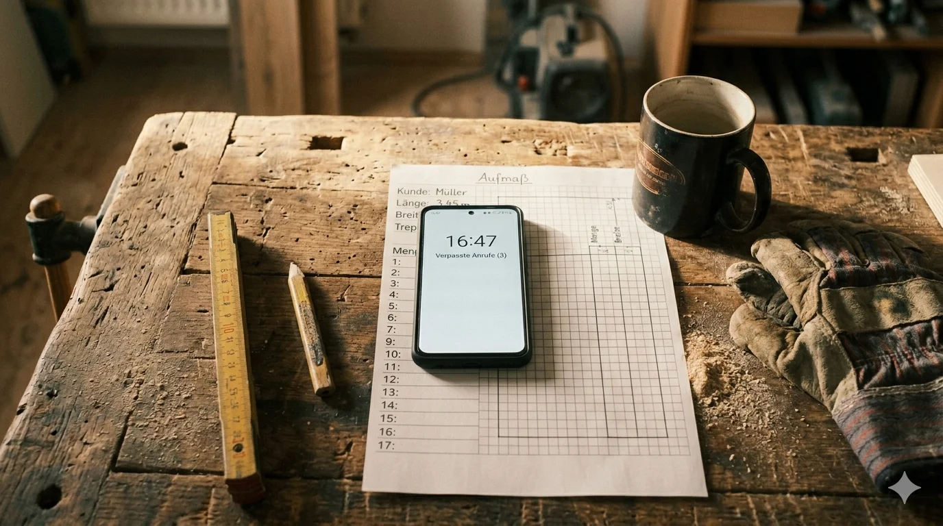 Werkbank mit Aufmaß-Bogen, Zollstock und Handy