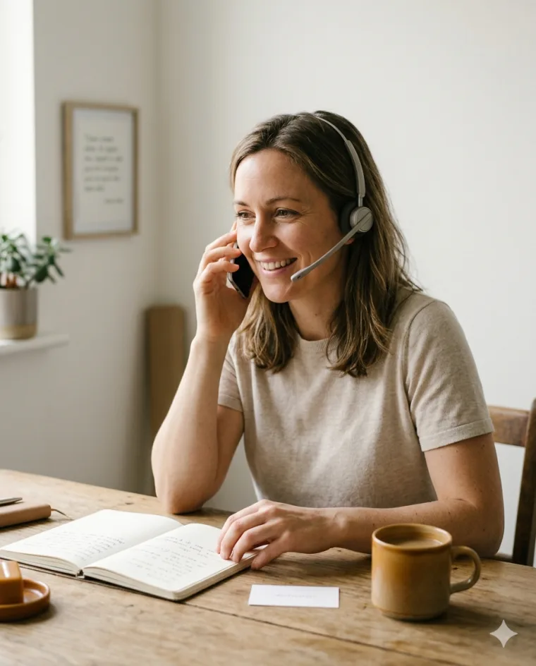 Ansprechpartnerin mit Headset am Schreibtisch